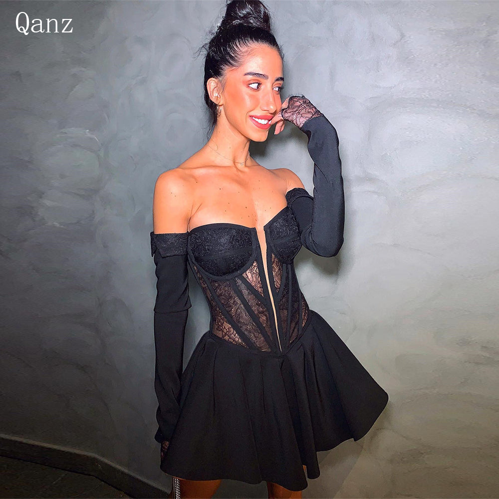 Qanz Elegant Short Evening Dresses Black Abendkleider Strapless Lace