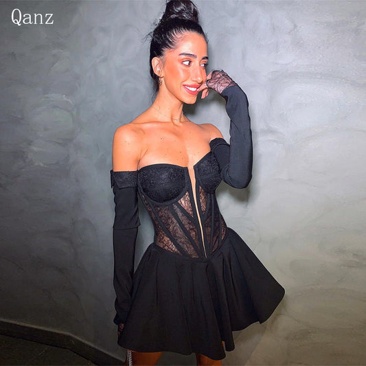 Qanz Elegant Short Evening Dresses Black Abendkleider Strapless Lace