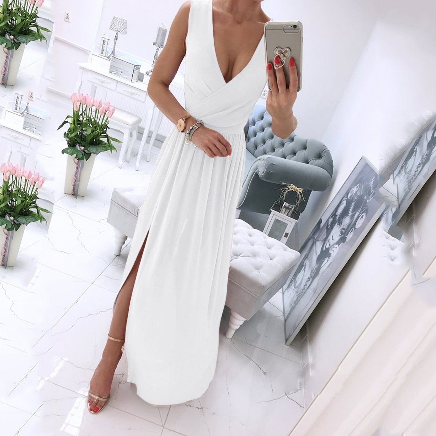 Women Dresses Summer Pleated  V Neck Sleeveless Side Slit Long Maxi Casual Ch