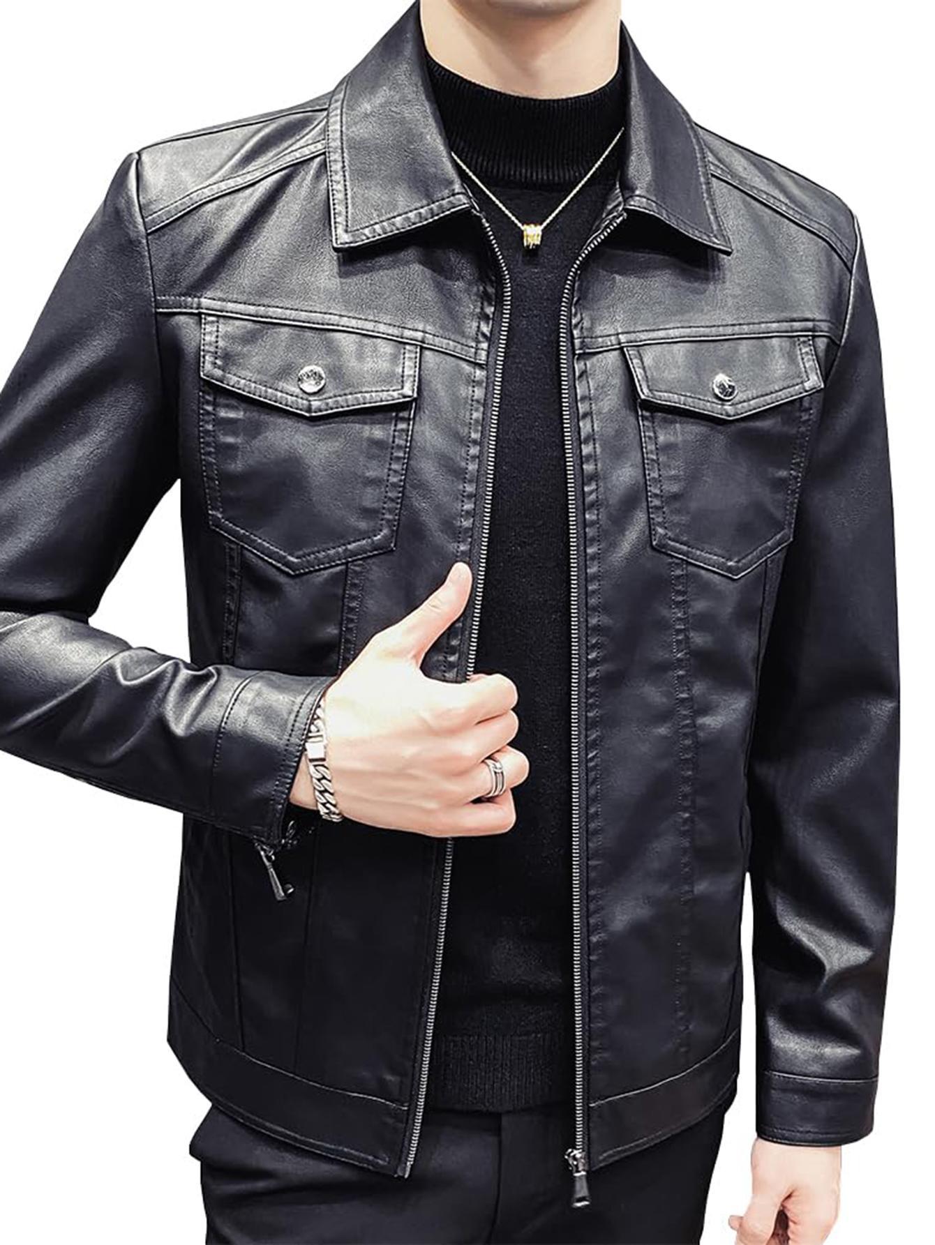 Men's Slim Fit Leather Biker Jacket Fleece Lined Thick Warm Coat for Spring Aut image 3