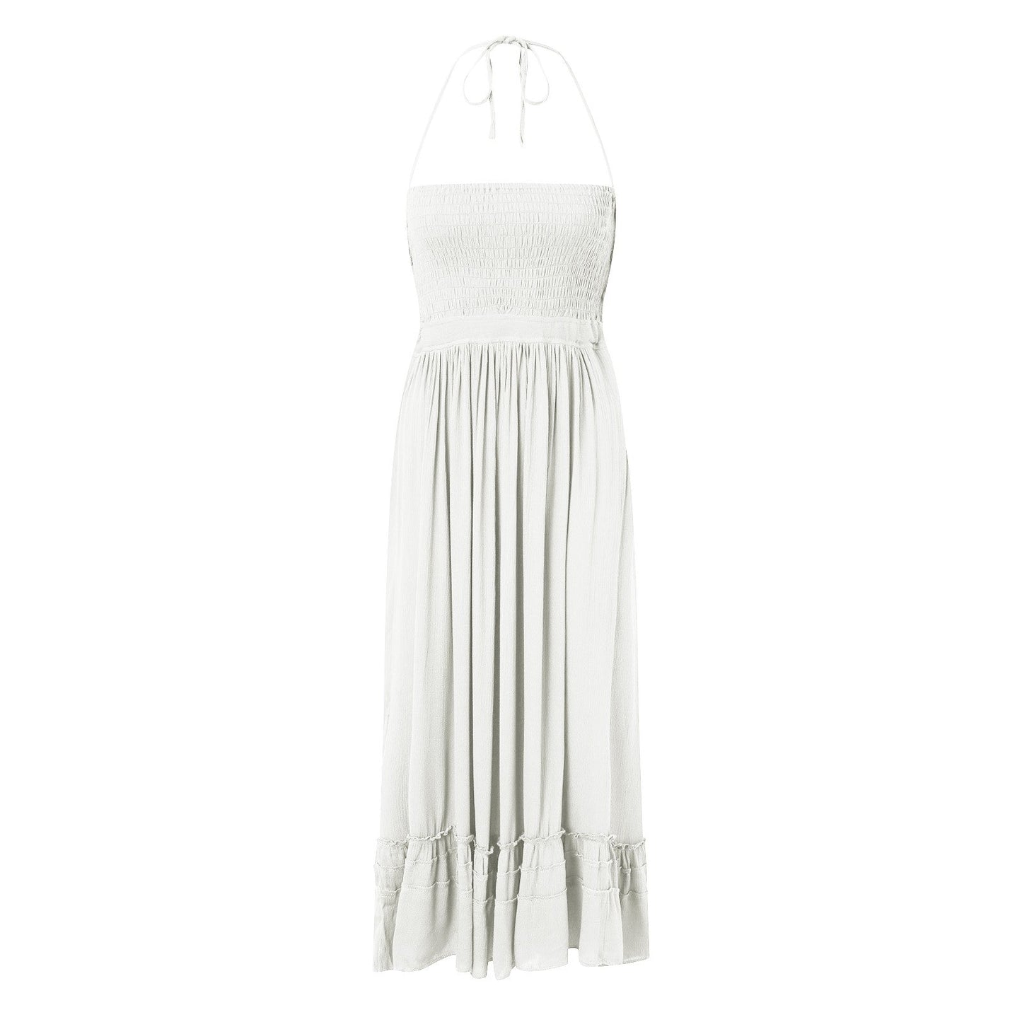 Bandage Backless Maxi Dress  Halter Draped Long Dress White Sleevel