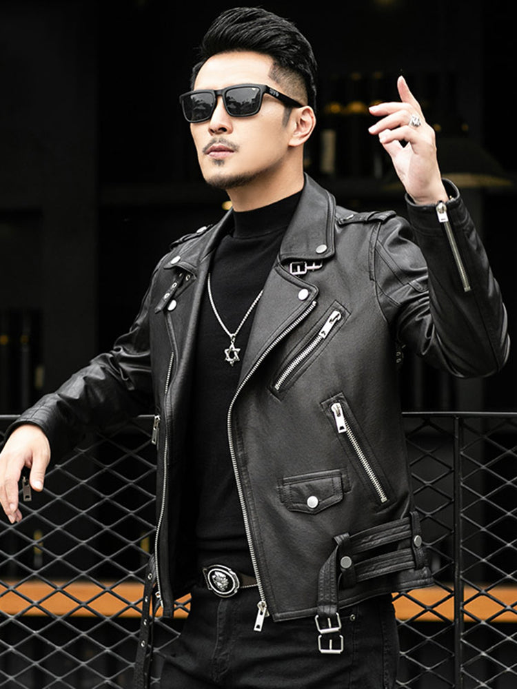 Spring Autumn Short Cool Black Leather Biker Jacket Men Zipper Long Sleeve Belt image 2