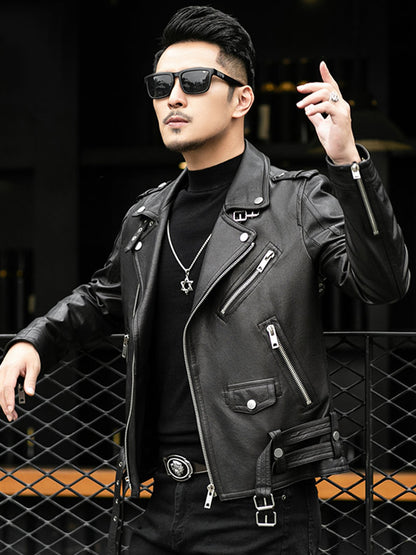 Spring Autumn Short Cool Black Leather Biker Jacket Men Zipper Long Sleeve Belt image 2