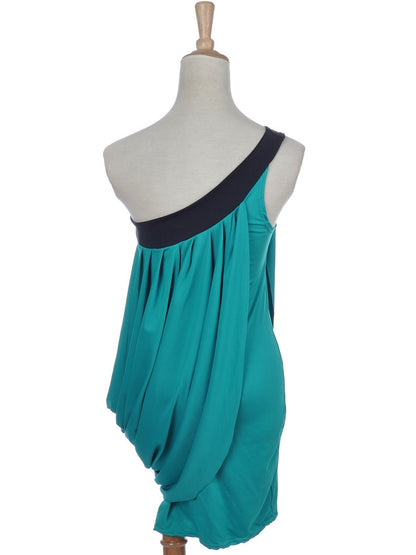 Fashion Women's Blue Green Asymmetrical One Shoulder Drape Wrap Short Mini Dress image 2