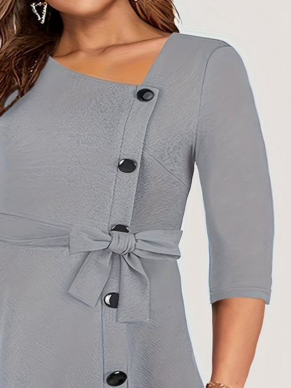 Plus Size Women's Fashion Asymmetrical Collar Casual Bow Button Elegant Solid C image 1