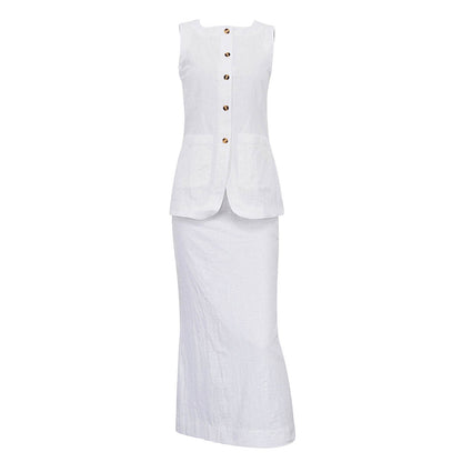 Women Vest Skirt Set Female Khaki Long Blazer Vest V Neck Sleeveless Slim Top+E image 4