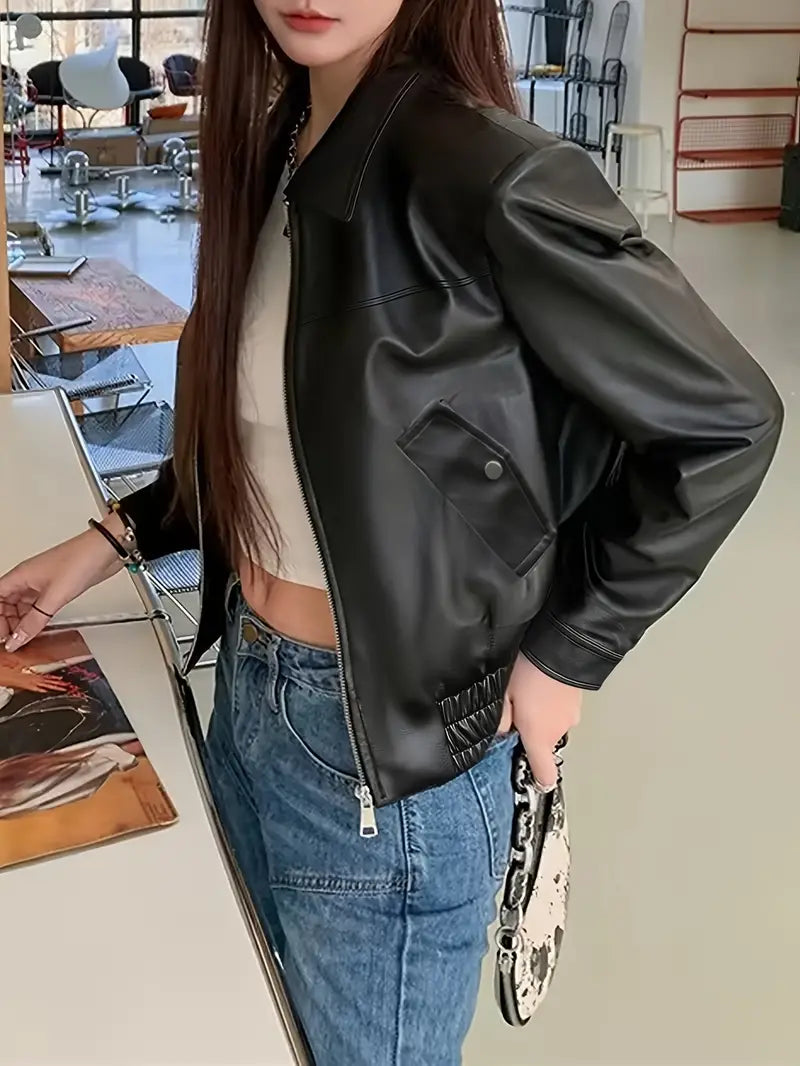 Women Fashion PU Motorcycle Jacket Zipper Pocket Leather Short Jacket image 4