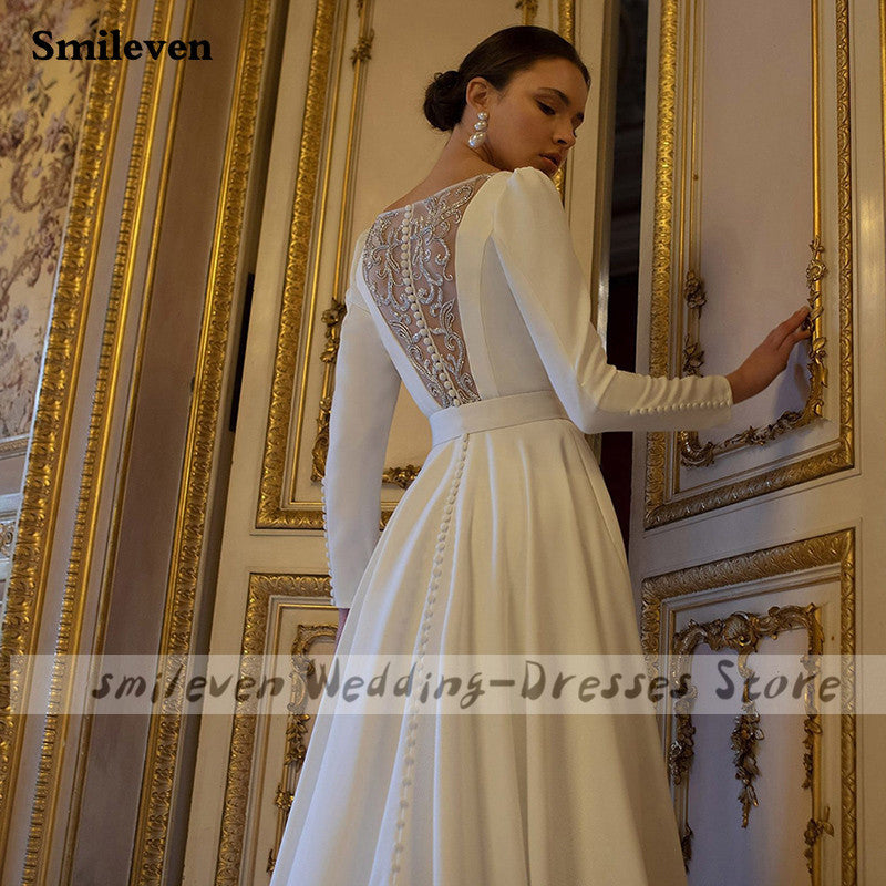 Smileven  Satin Wedding Dresses Long Sleeve Lace Bridal Gowns Muslim Wed