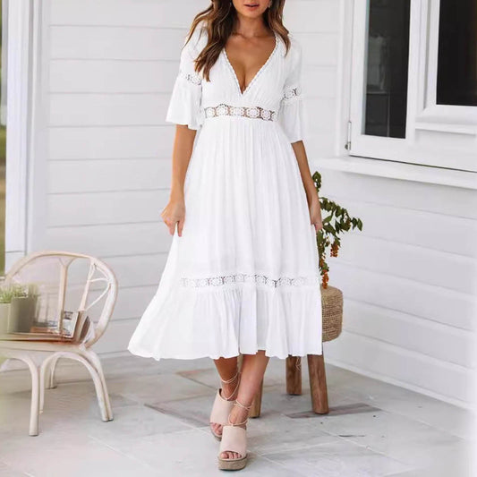 Deep V Lace White Dress Women's Fashion Wedding Party Dress Summer B