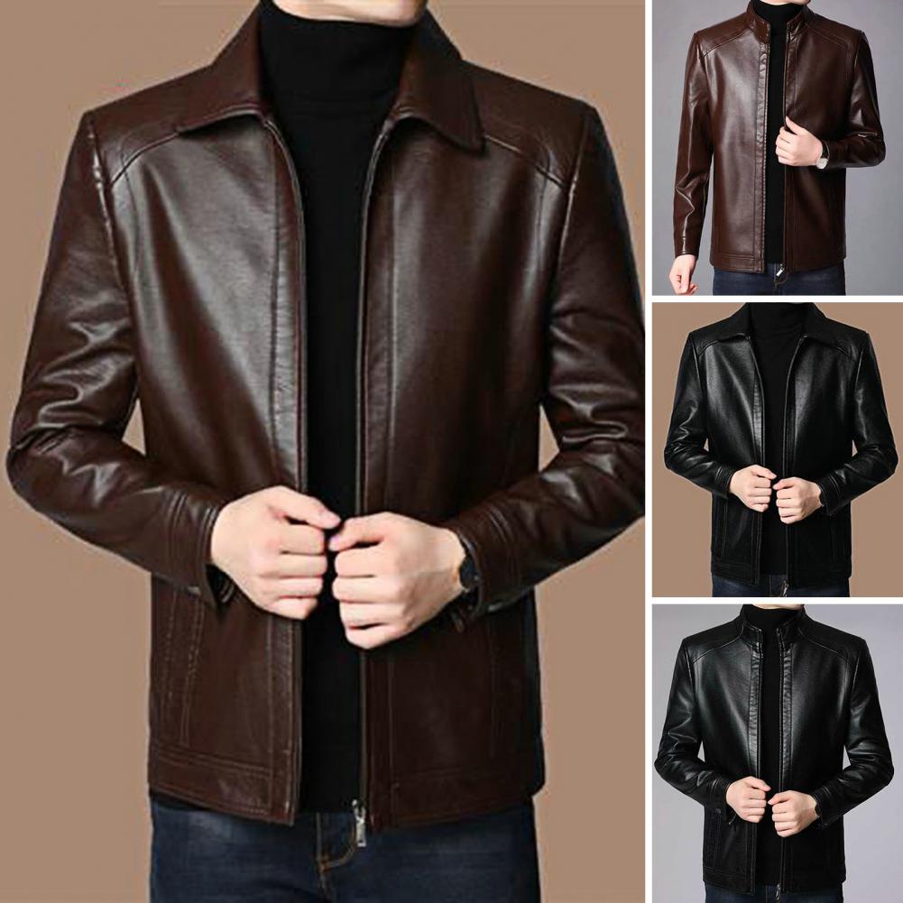 Men Faux Leather Jacket Men's Faux Leather Motorcycle Jacket with Stand Collar image 1