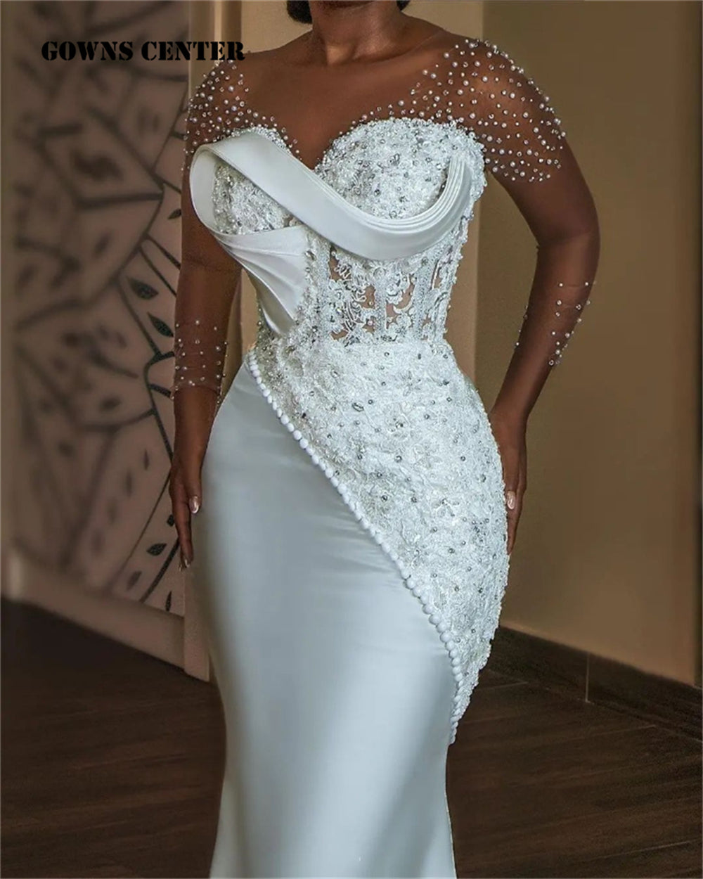 White Pearls Beaded Luxury Mermaid African Wedding Dress Mesh Long Sleeves Aso
