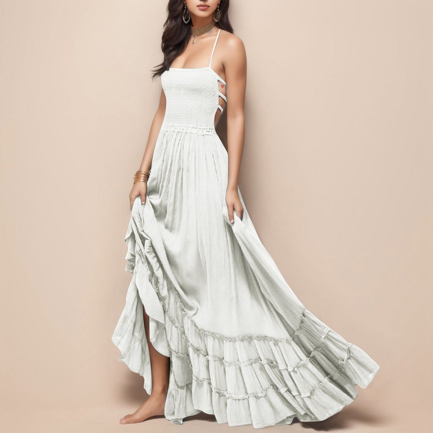 Bandage Backless Maxi Dress Halter Draped Long Dress White Sleevel