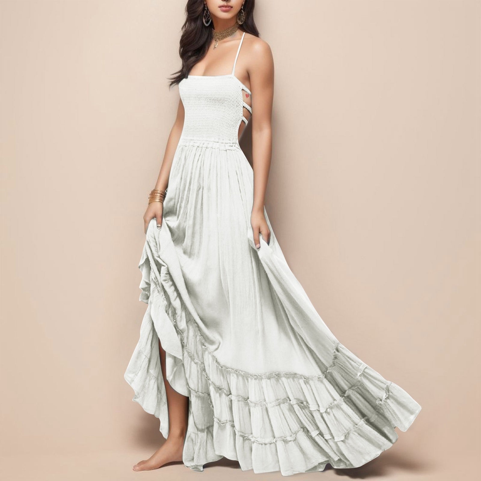 Bandage Backless Maxi Dress Halter Draped Long Dress White Sleevel