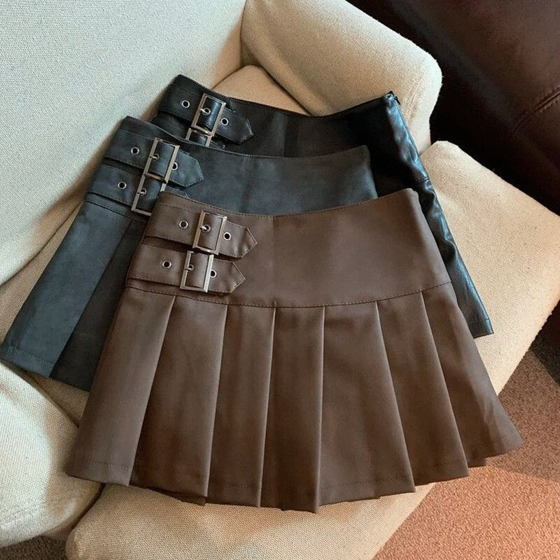 USA Essentials Pu Leather Mini Skirts Women'streetwear High Waist Pleated Skirt Vint