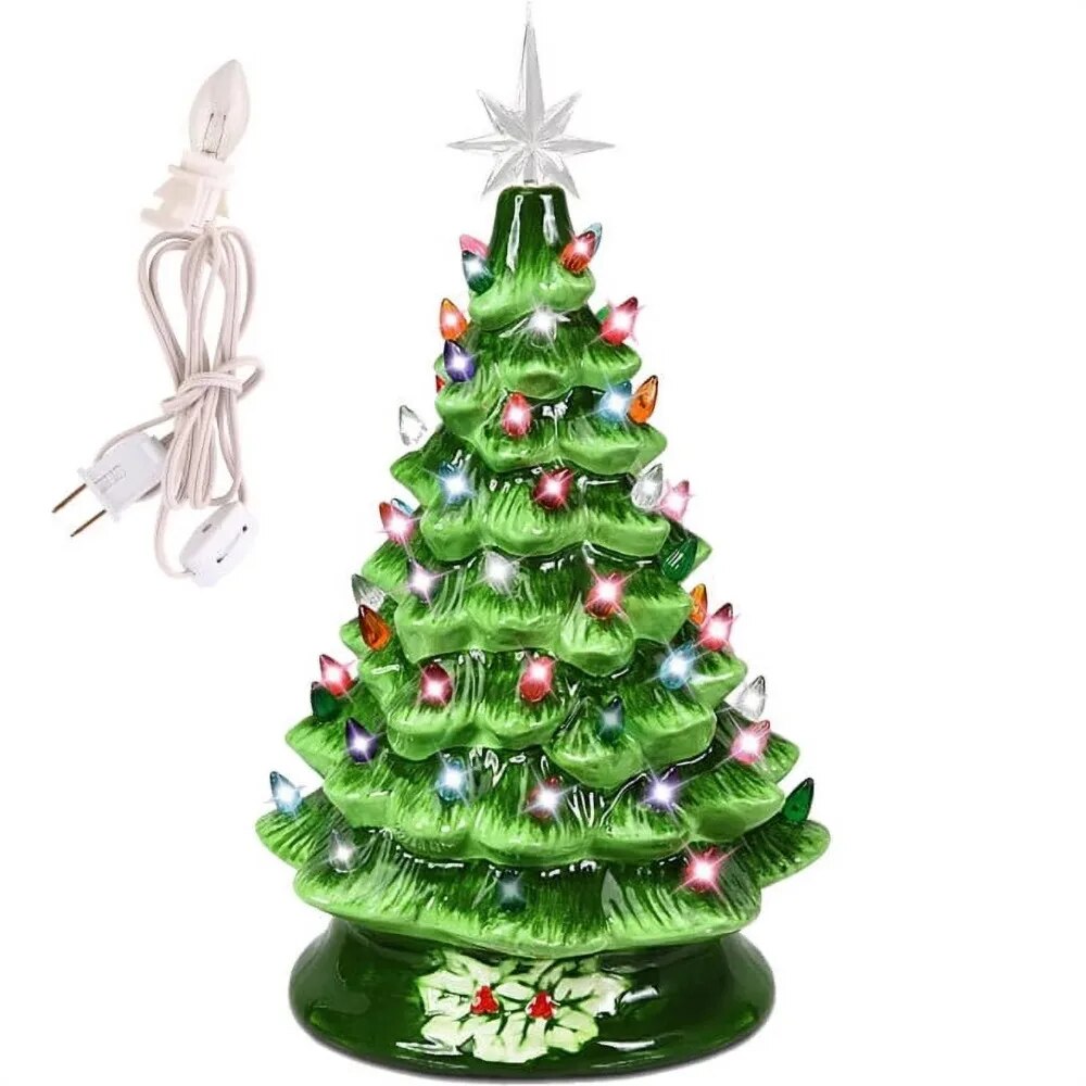 New 15 " Large Ceramic Christmas Tree Plug in Tabletop Artificial Green Chri image 4