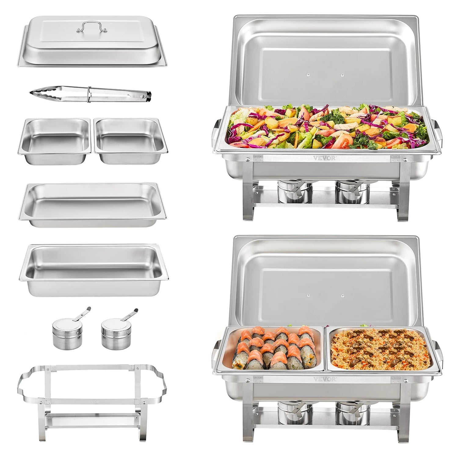 VEVOR 8QT 2 Pack ChaFolding Dish Buffet Set Stainless Chafer w/ 2 Full & 4 Half Si