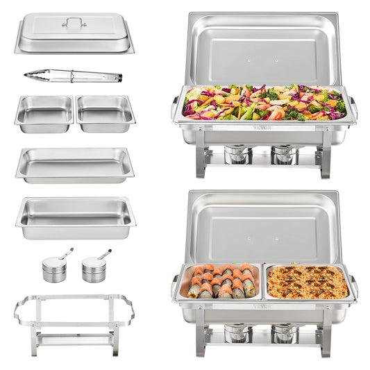 VEVOR 8QT 2 Pack ChaFolding Dish Buffet Set Stainless Chafer w/ 2 Full & 4 Half Si