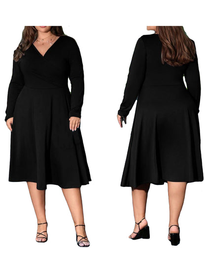 Elegant Women s V-Neck Long Sleeve Midi Dress in Solid Color Plus Size Fall Flo image 5