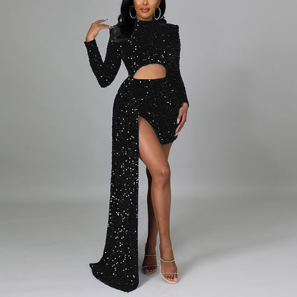 White/Red Hollow Out Sequins Long Dress Women's Fashion Bodycon Lo