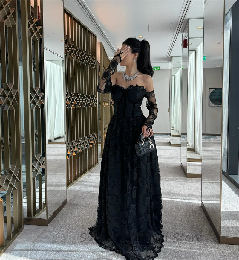 SUMNUS  Black Lace Arabic Prom Gowns for Women Long A-Line Dubai Celebrity  image 2