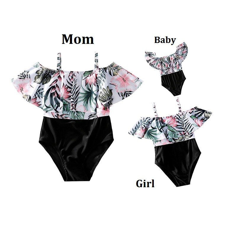 Family Set Flower Mother Daughter Matching Swimsuits Ruffled Mommy and Me Mom Mum Baby Swimwear Clothes Women's Girls Bath Suits