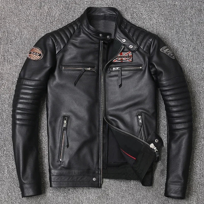 Motorcycle Genuine Leather Jacket for Men Style Biker Jackets Slim Cowhide spri image 2