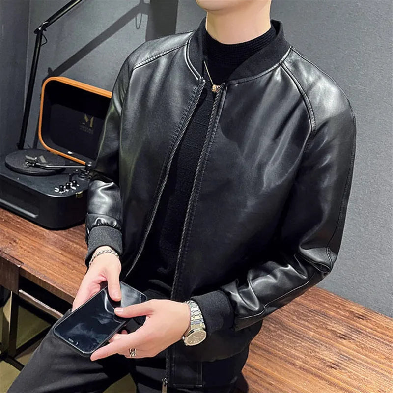 Men's PU Leather Jacket Fashion Baseball Collar Casual  Jackets Solid Color Mot image 2