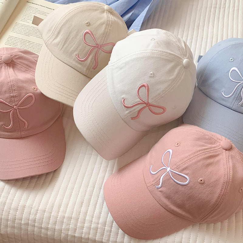Sweet Bowknot Embroidery Baseball Hat For Women Solid Color Korean Girl Peaked image 1