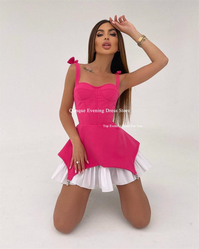 Qunque Short Satin Homecoming Dresses for Teens Spaghetti Straps Prom Dress Wit image 2