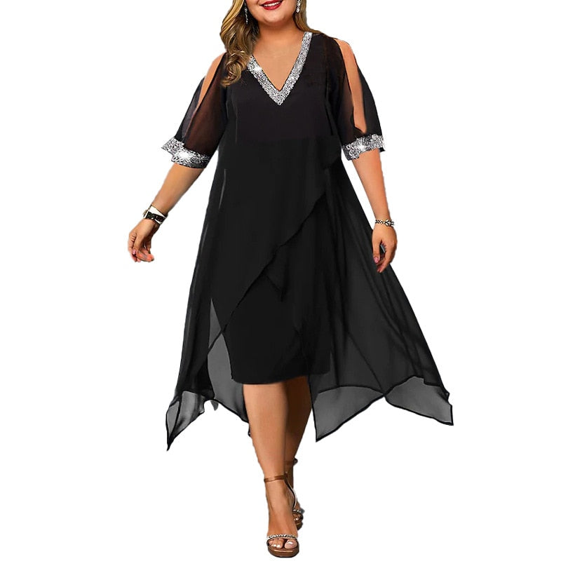 Women Plus Size Black Elegant Dress Chiffon Sequined V Neck Slit Sleeve