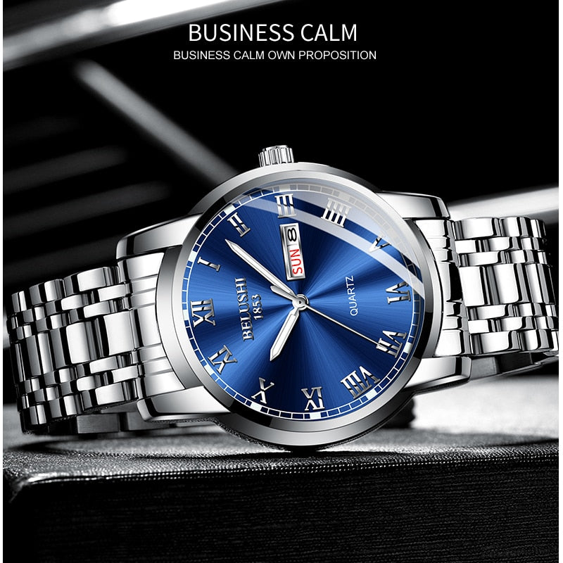 BELUSHI Men's Fashion Business Quartz Watches Top Luxury Brand Full Steel Water image 14