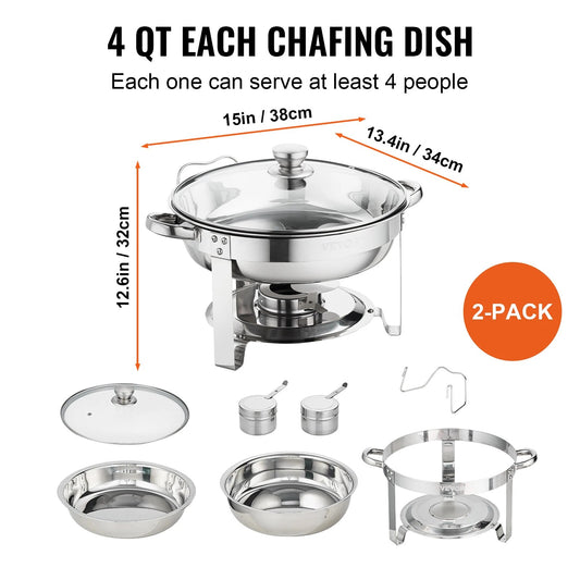 VEVOR 4QT 2-Pack Round ChaFolding Dish Set Stainless Steel Buffet Chafer with Full