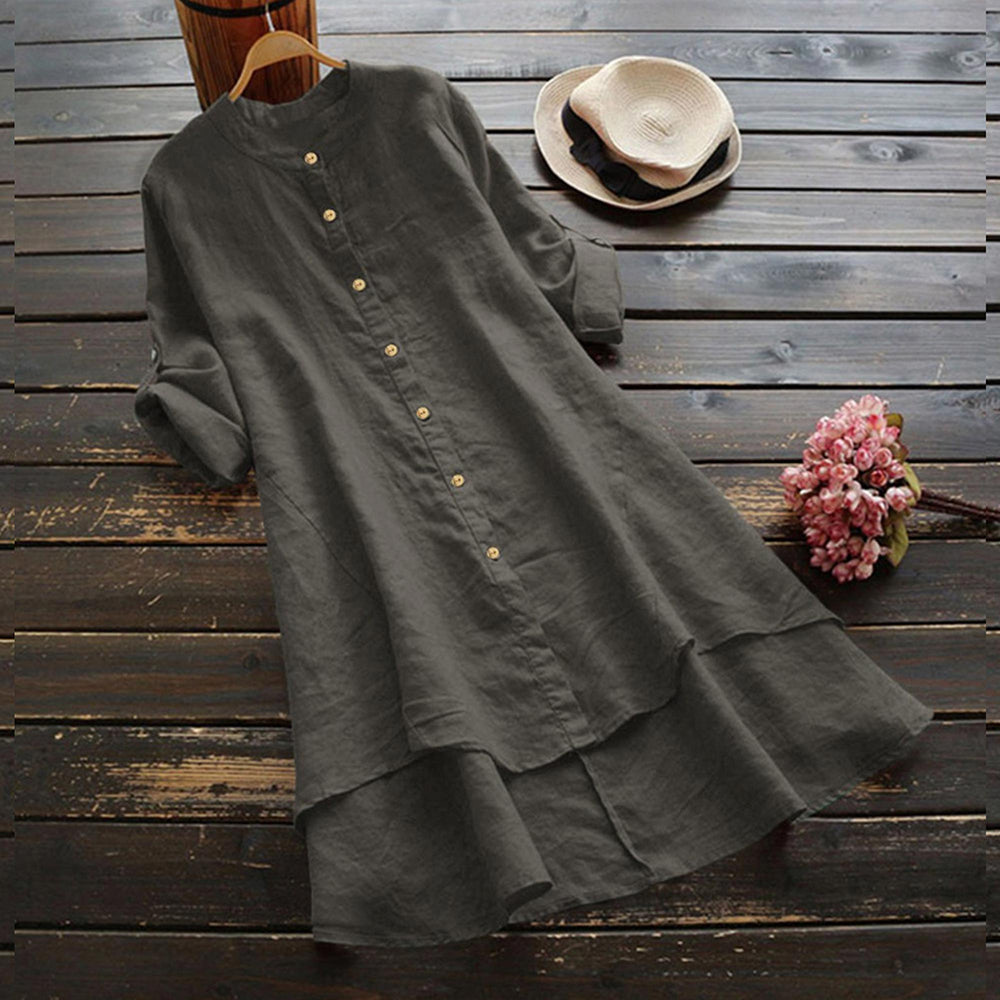 Women's Spring Solid Cotton Linen Shirt Dress Ladies Loose Dress Long Tops Blou image 2