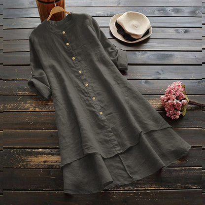 Women's Spring Solid Cotton Linen Shirt Dress Ladies Loose Dress Long Tops Blou image 2