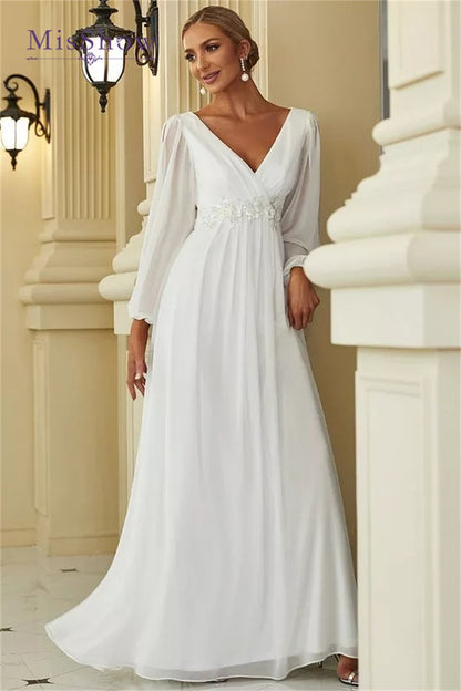 MisShow Simple Wedding Dresses For Women 2024 Elegant V-Neck Chiffon White Long image 6