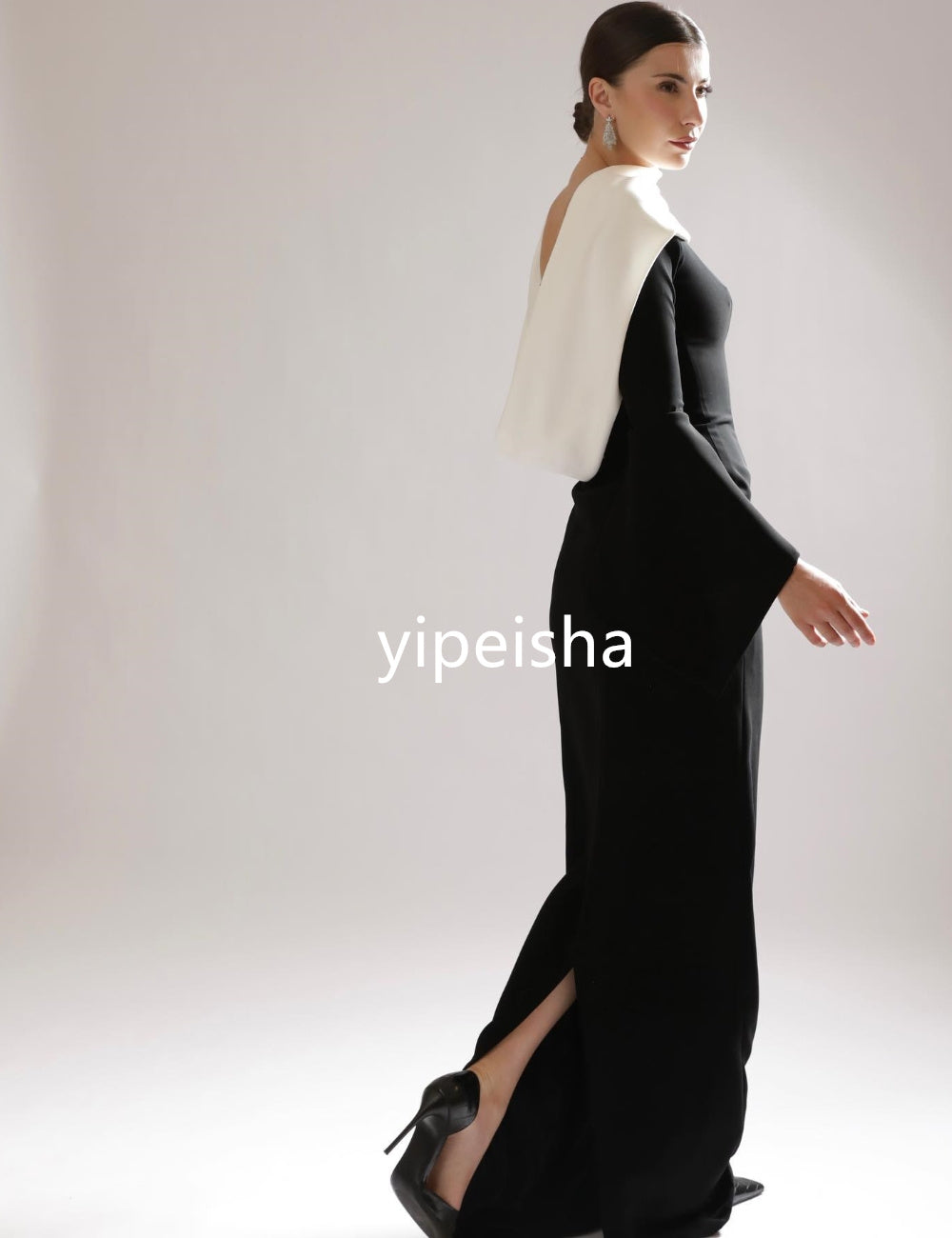 Matching Jersey Pleat Straight Boat Neck Long Dresses Homecoming  Retro Fashion image 2