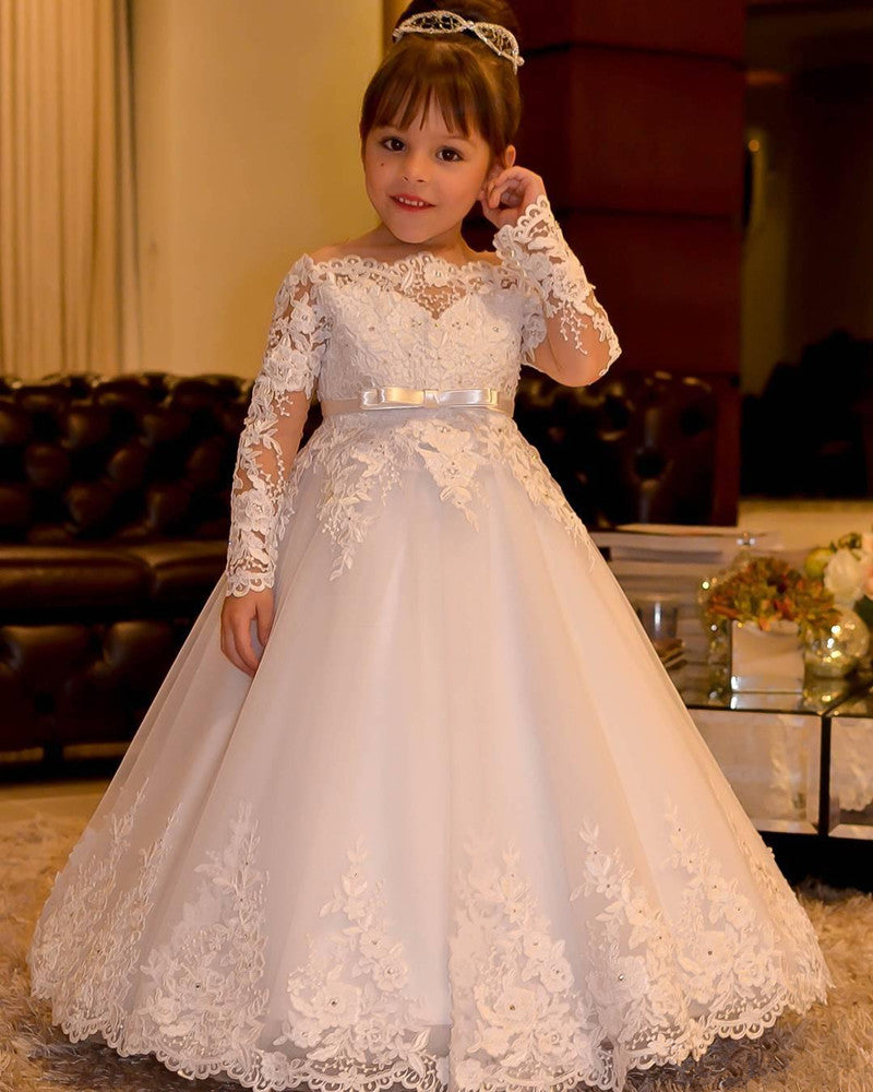 Flower Girl Dresses For Weddings Princess Lace Long Sleeve Backless Holy First  image 9