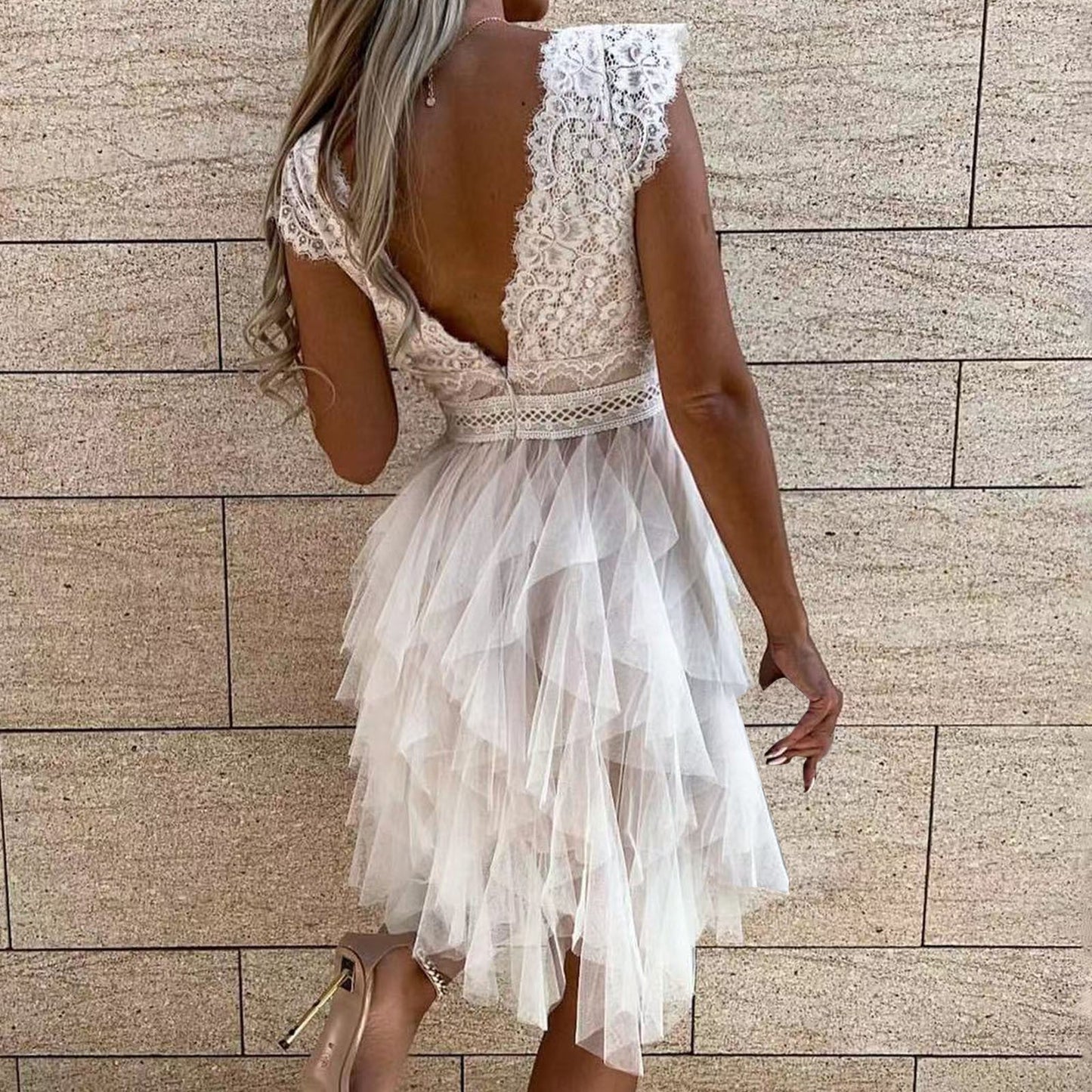 Backless White Lace Wedding Party Dress Womenexy Bow Lace-up Mesh Sleeveles