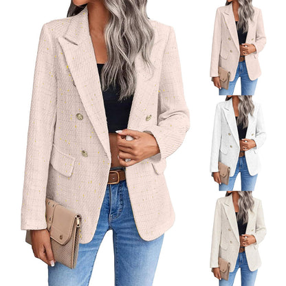 Women Fashion Tweed Double Breasted Blazer Coat Vintage Long Sleeve Flap Pocket image 3