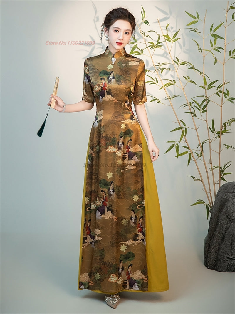 2024 vietnam traditional aodai dress chinese improved qipao national crane prin