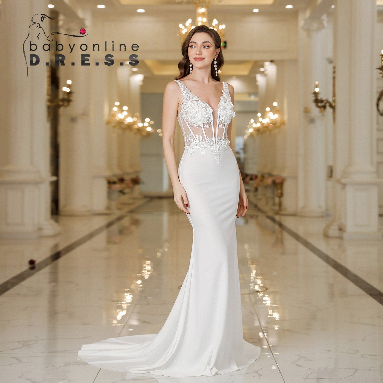 Babyonline Sleeveless Mermaid Wedding Dress | Beaded Floral Lace V-Neck Illusion Bridal Gown