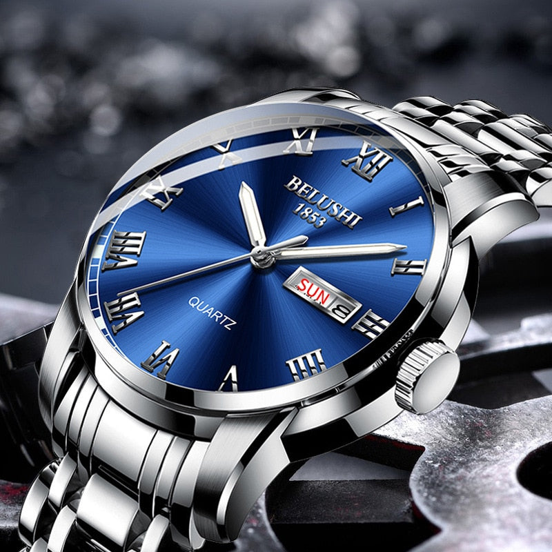 BELUSHI Men's Fashion Business Quartz Watches Top Luxury Brand Full Steel Water image 0