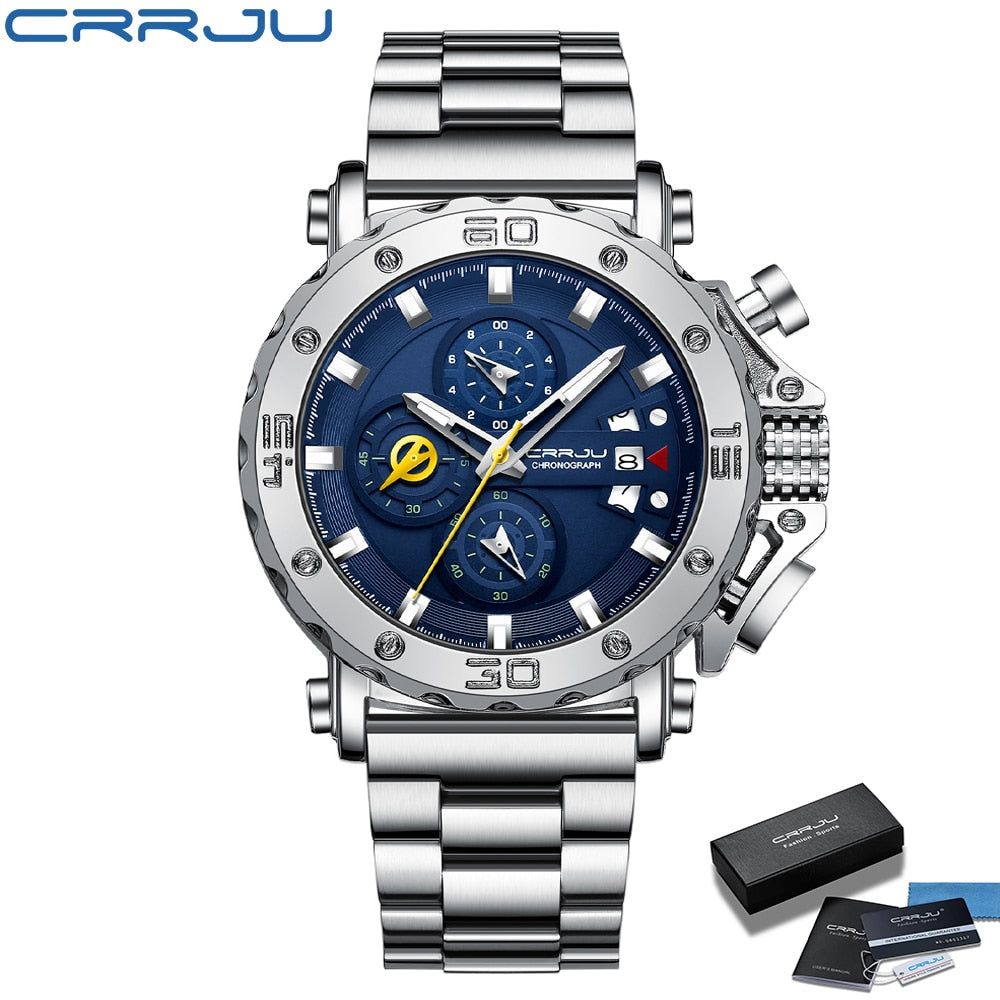 CRRJU Watch for Men Top Brand Luxury Big Dial Stainless Steel Waterproof Chrono image 1