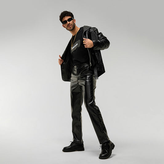 Men s Classic Black Leather Biker Jacket with Quilted Shoulders and Zippered Po image 0