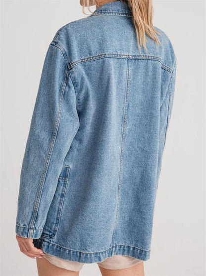 Women s Denim Blazer Stylish Long Sleeve Lapel Collar Button Closure Jacket wit image 4