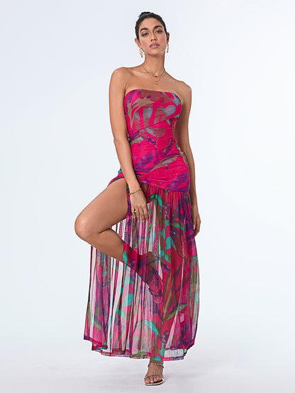 Women s Off Shoulder Ruffle Sleeve Floral Print Maxi Dress with Belt for Beach  image 7