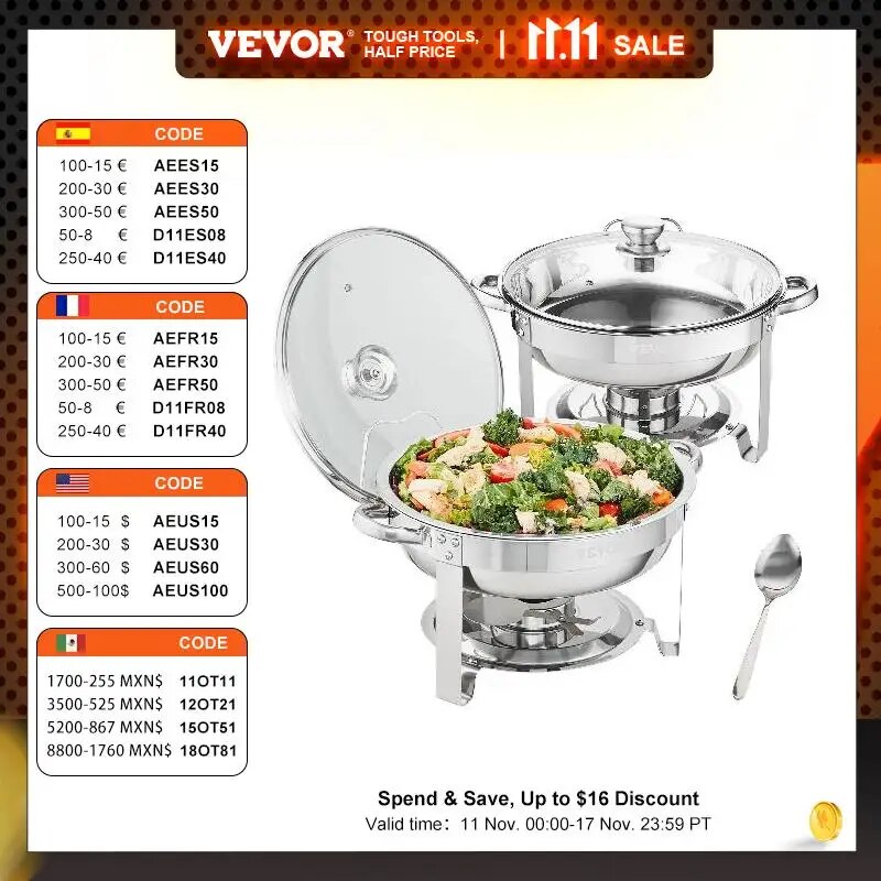 VEVOR 4QT 2-Pack Round Chafing Dish Set Stainless Steel Buffet Chafer with Full image 3