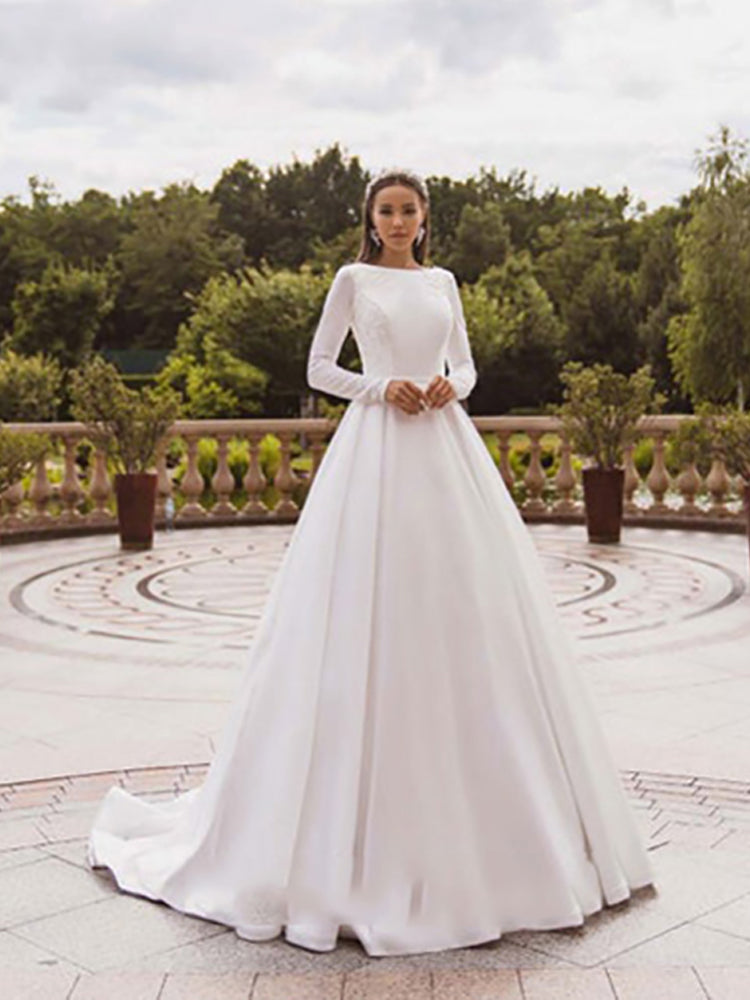 Smileven Elegant Satin Wedding Dresses Long Sleeve Lace Bride Gown Muslim Weddi image 1