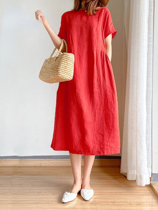 Summer Women Dress Casual Loose Short Sleeve A-LINE Oversize Solid Midi Dress C