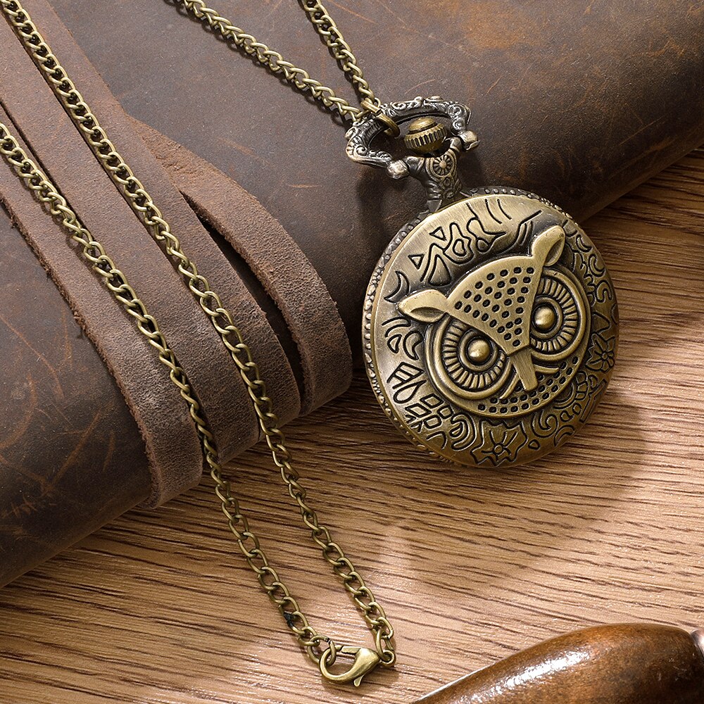 Antique Bronze Night Owl Necklace Quartz Pocket with Chain Necklace Vintage Qua image 2